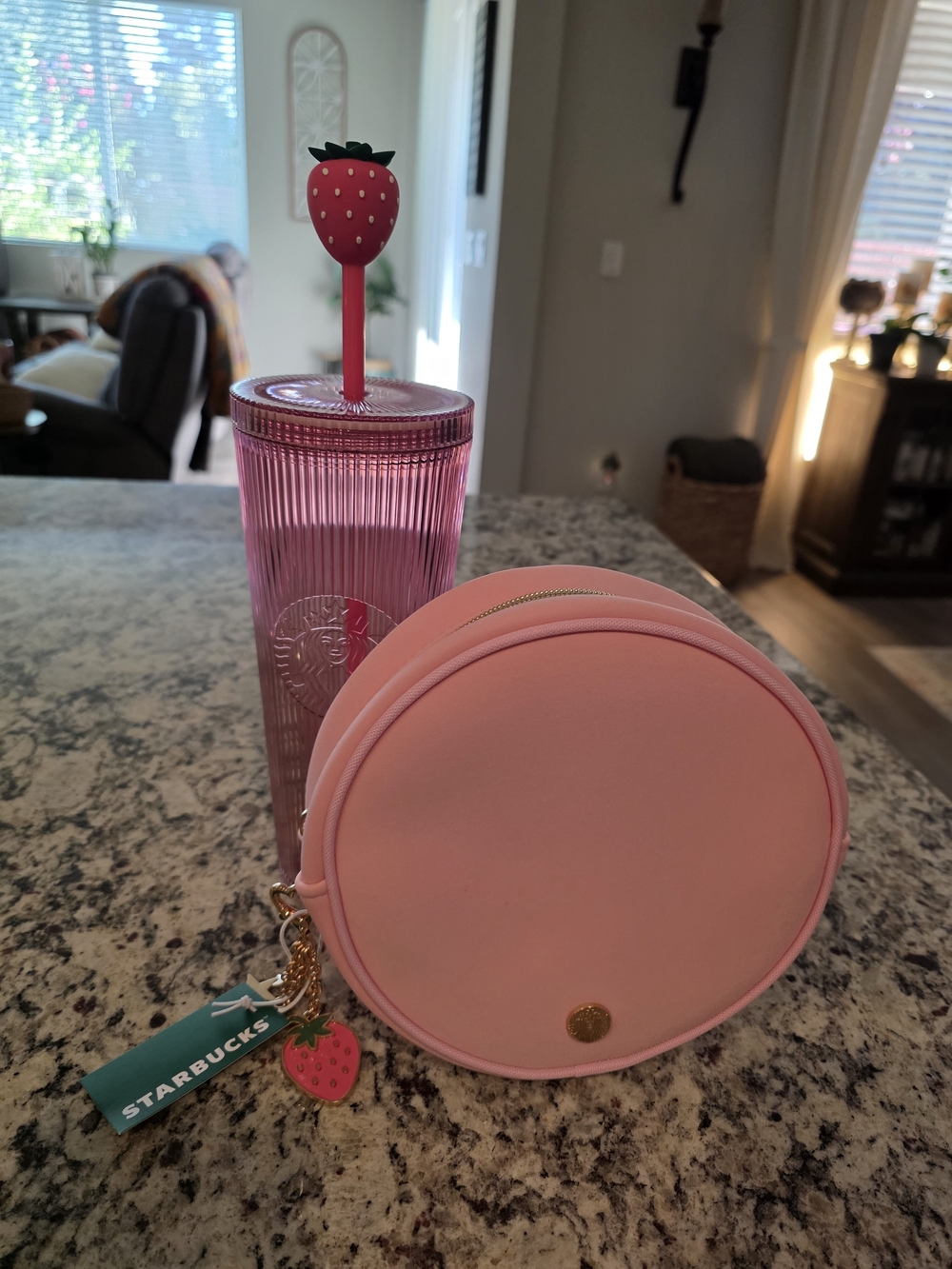 Starbucks Pink Ribbed Tumbler with Strawberry Stirrer and Round Pink Pouch